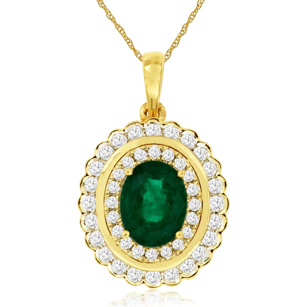 Royal 14K Yellow Gold Emerald & Diamond Halo Pendant - 1.60 Carats Emerald, 0.62 Carats Diamond Total Weight