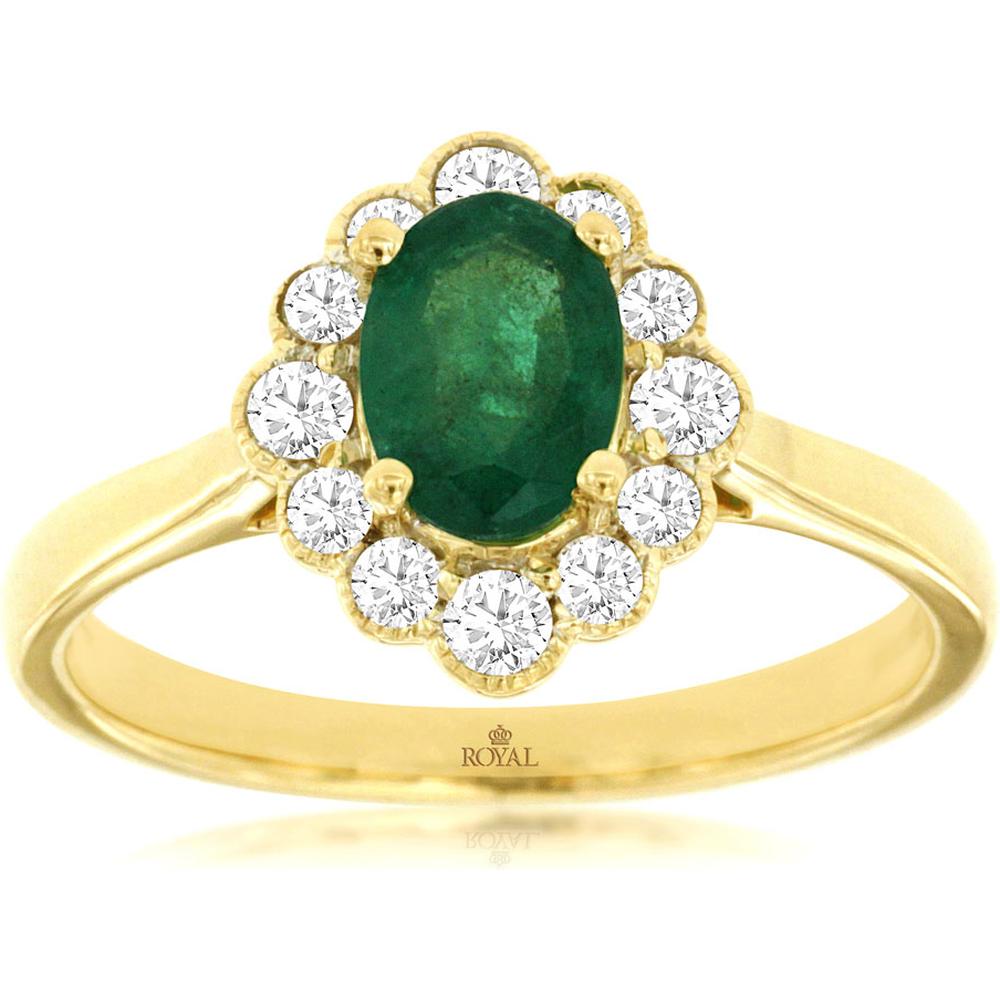 Royal 14K Yellow Gold Emerald & Diamond Halo Ring - 1.05 Carats Total Weight