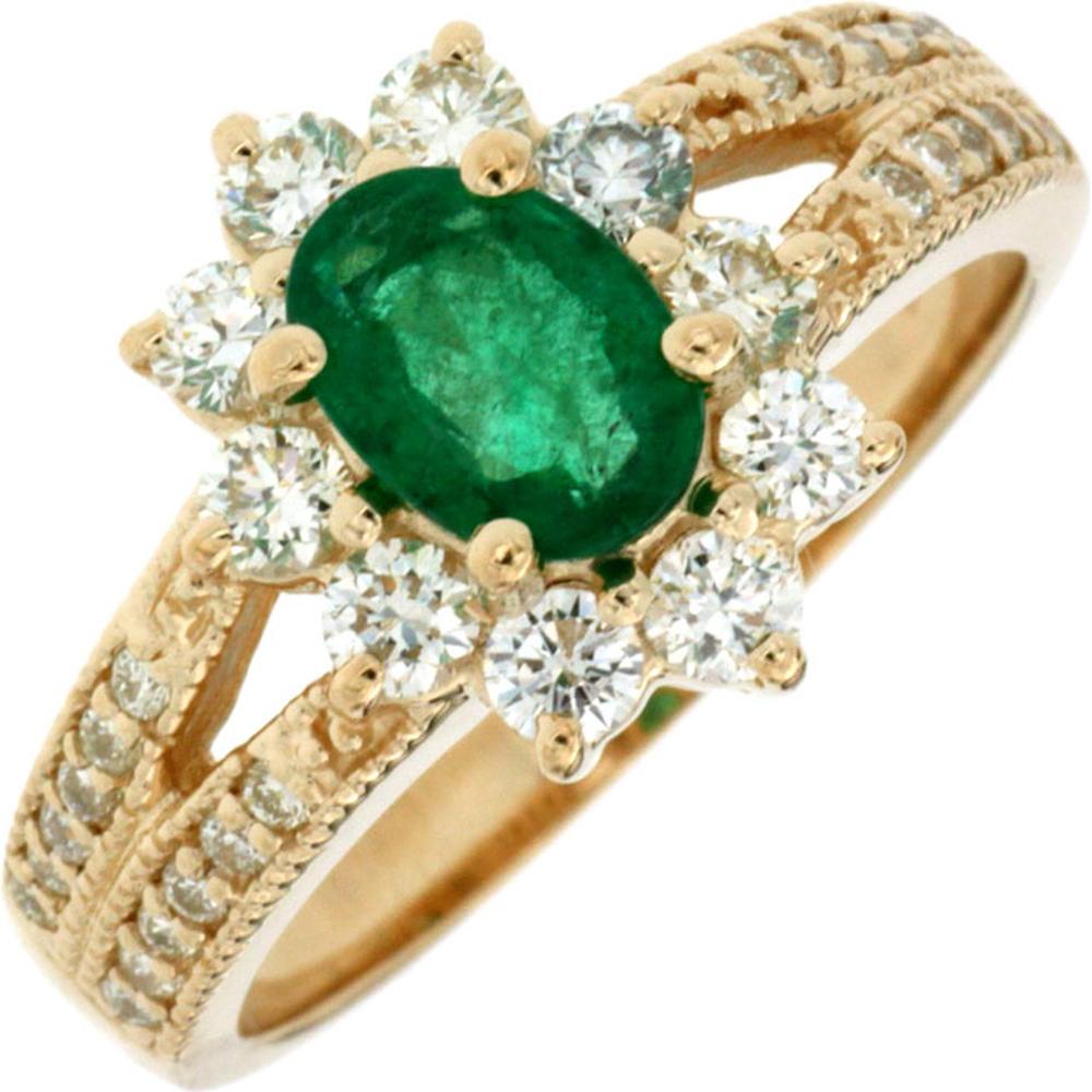 Royal 14K Yellow Gold Emerald and Diamond Halo Ring - 1.64 Carat Total Gem Weight