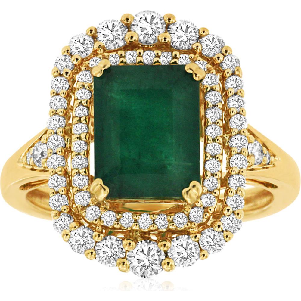 Royal 14K Yellow Gold Emerald & Diamond Halo Ring - 2.15 Carats Emerald, 0.75 Carats Diamond Total Weight