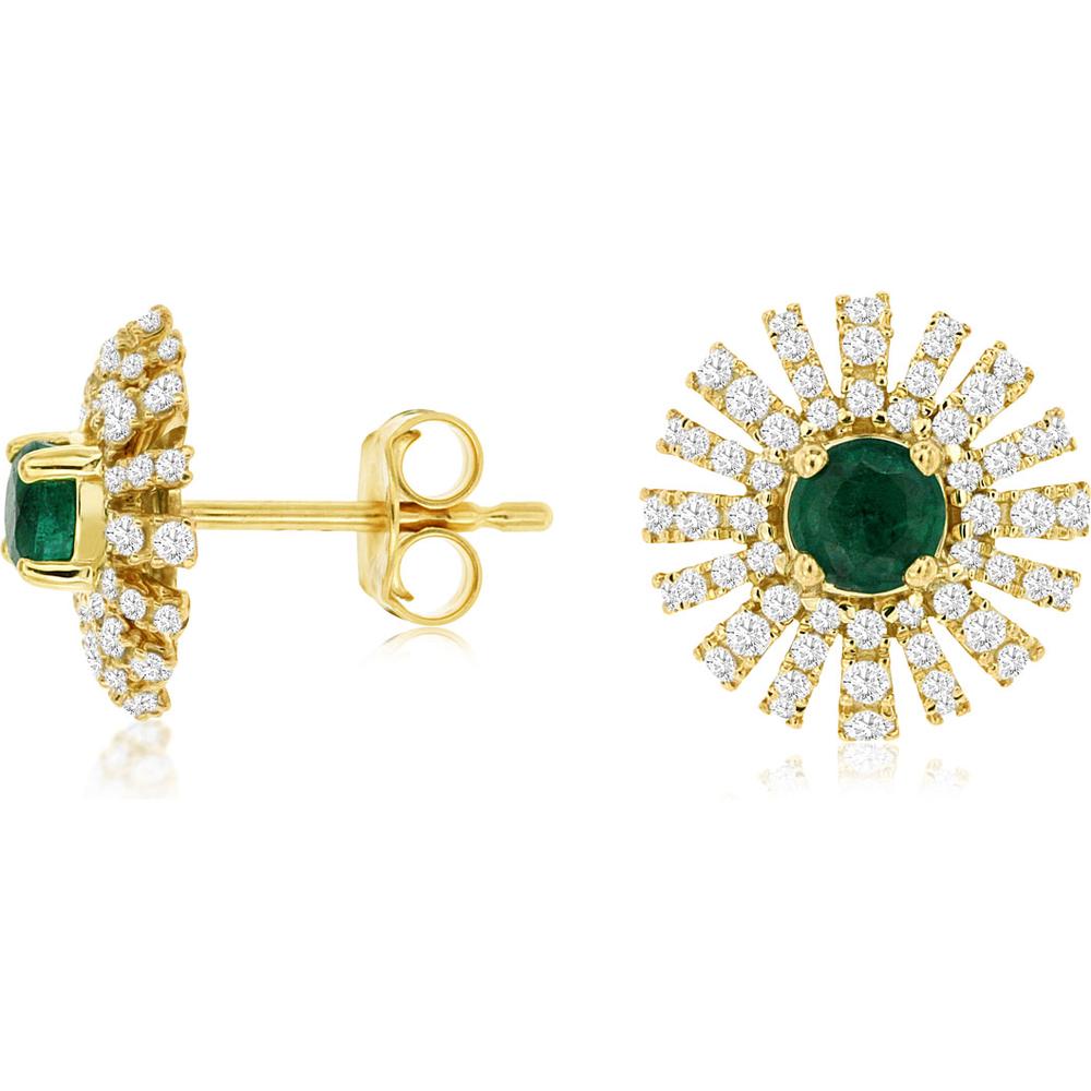 Royal 14K Yellow Gold Emerald and Diamond Halo Stud Earrings - 0.56 Carat Emerald, 0.45 Carat Diamond Total Weight