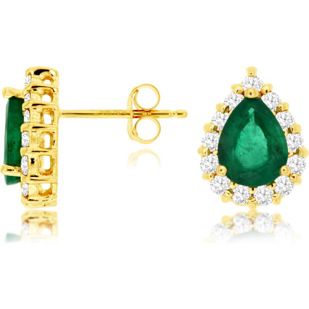 Royal 14K Yellow Gold Emerald and Diamond Halo Stud Earrings - 2.25 Carat Emerald, 0.60 Carat Diamond Total Weight