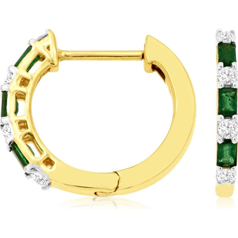 Royal 14K Yellow Gold Emerald and Diamond Huggie Hoop Earrings - 0.48ctw