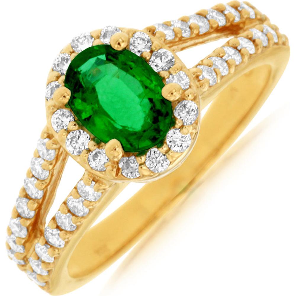 Royal 14K Yellow Gold Emerald and Diamond Oval Ring - 0.80 Carat Emerald, 0.65 Carat Total Diamond Weight