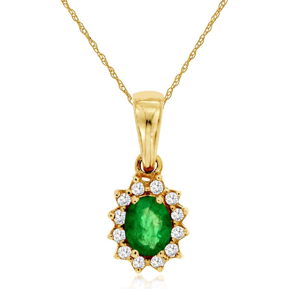 Royal 14K Yellow Gold Emerald & Diamond Pendant - 0.40 Carat Emerald, 0.10 Carat Total Diamond Weight