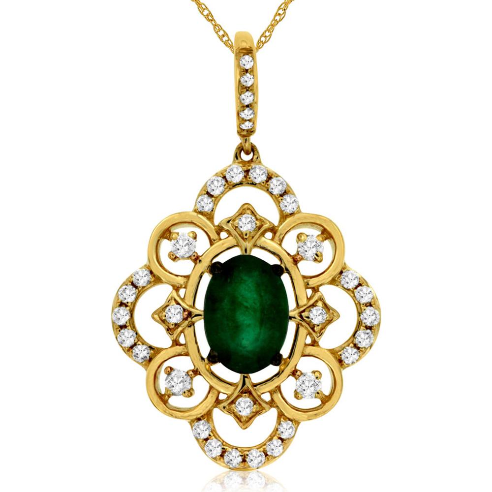 Royal 14K Yellow Gold Emerald & Diamond Pendant - 0.70 Carat Emerald, 0.24 Carat Diamond Total Weight