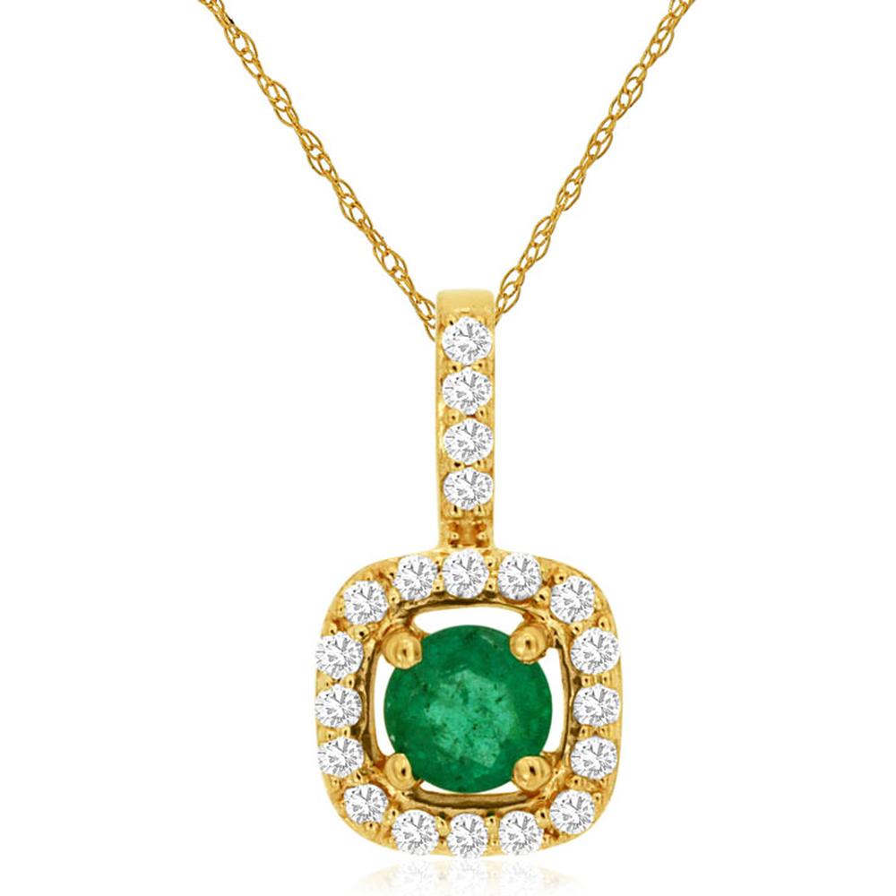 Royal 14K Yellow Gold Emerald & Diamond Pendant with Round Emerald - 0.28 Carats Emerald & 0.14 Carats Total Diamond Weight