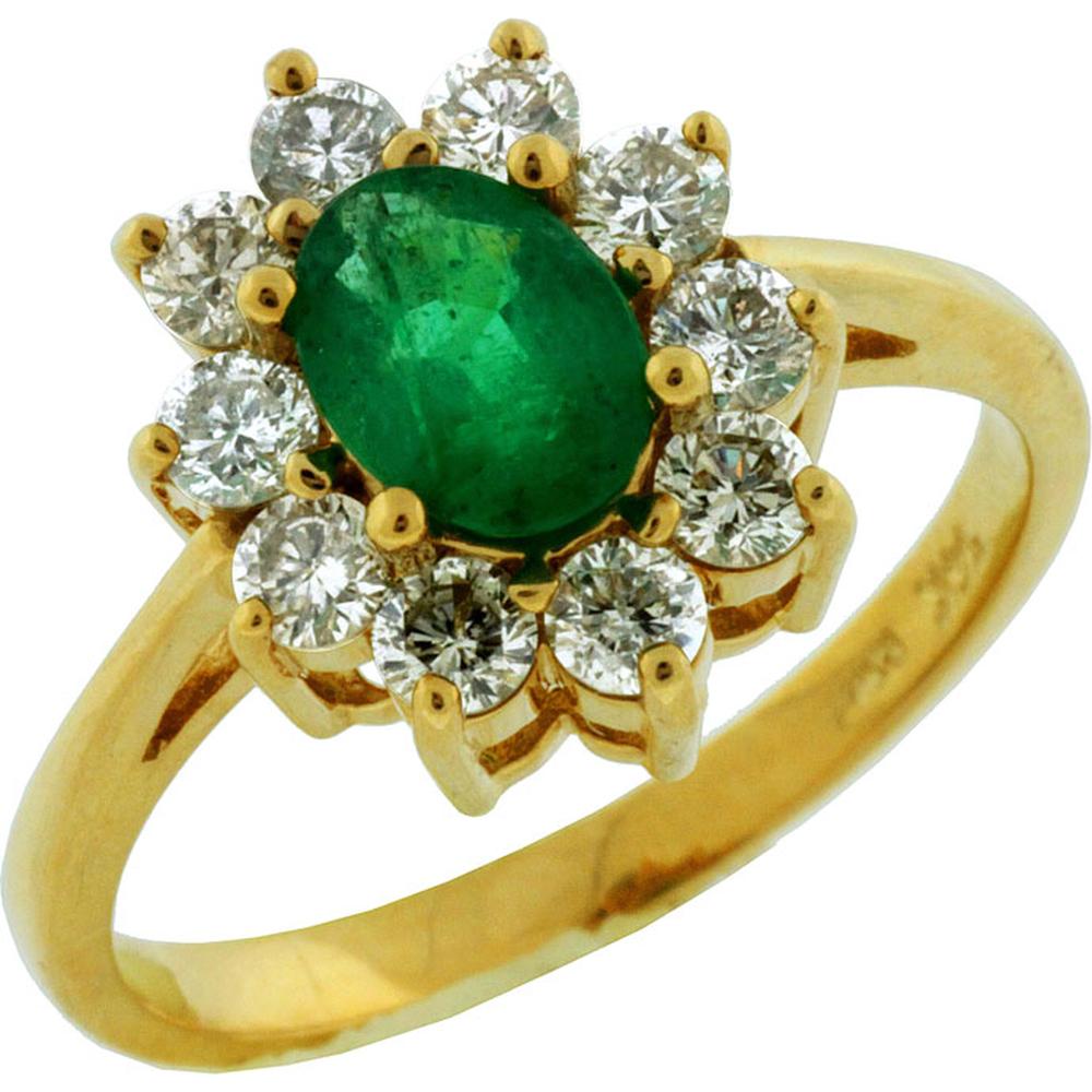 Royal 14K Yellow Gold Emerald & Diamond Princess Di Halo Ring - 1.55 Carats Total Carat Weight