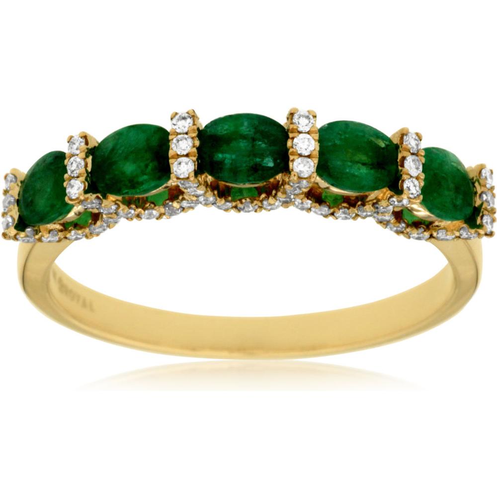 Royal 14K Yellow Gold Emerald and Diamond Ring with Oval Emeralds and Diamond Accents