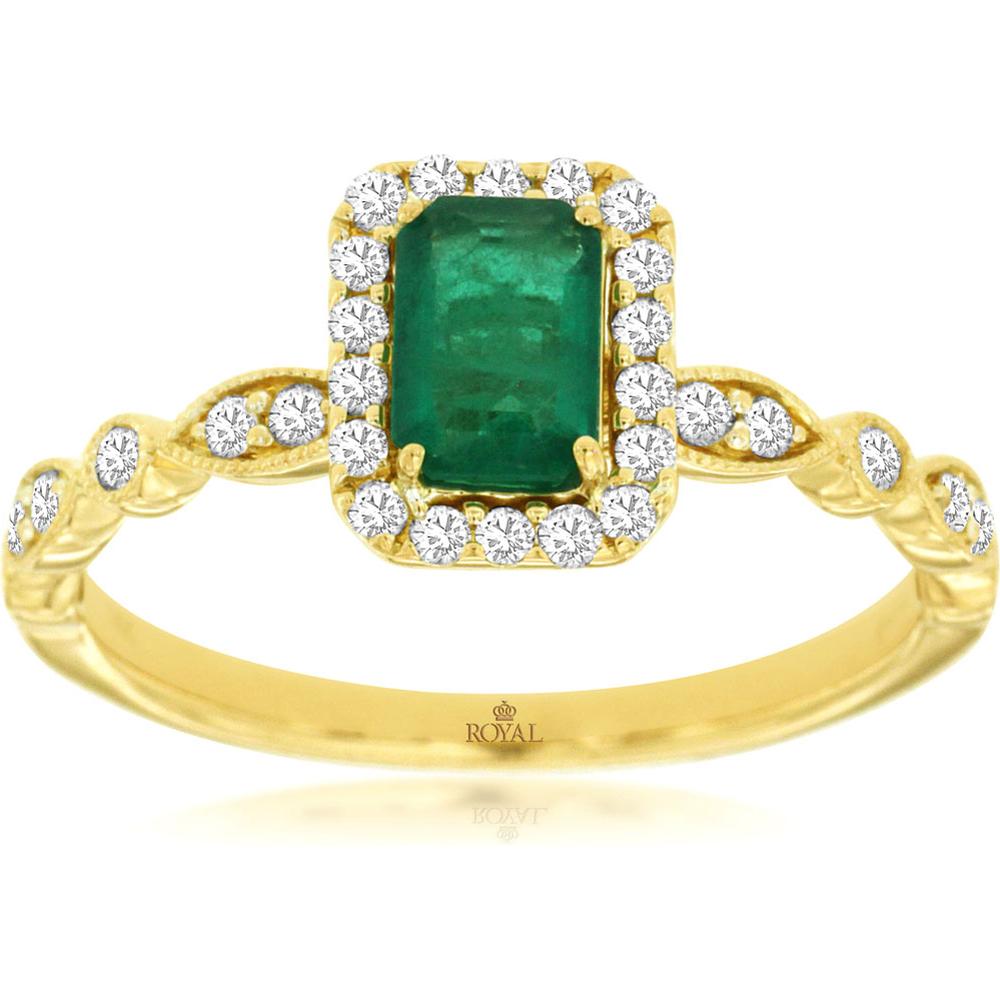 Royal 14K Yellow Gold Emerald & Diamond Ring with Twisted Band - 0.55 Carats Emerald & 0.26 Carats Diamond Total Weight