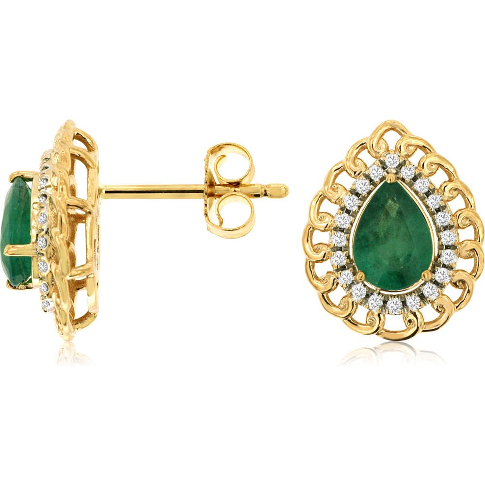 Royal 14K Yellow Gold Emerald & Diamond Stud Earrings - 0.75 Carats Total Emerald Weight, 0.32 Carats Total Diamond Weight