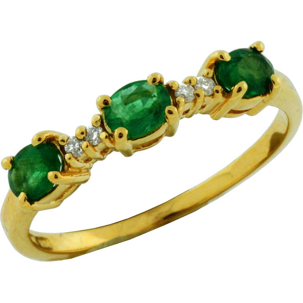 Royal 14K Yellow Gold Emerald & Diamond Three Stone Ring - 0.55 Carat Emerald, 0.06 Carat Diamonds