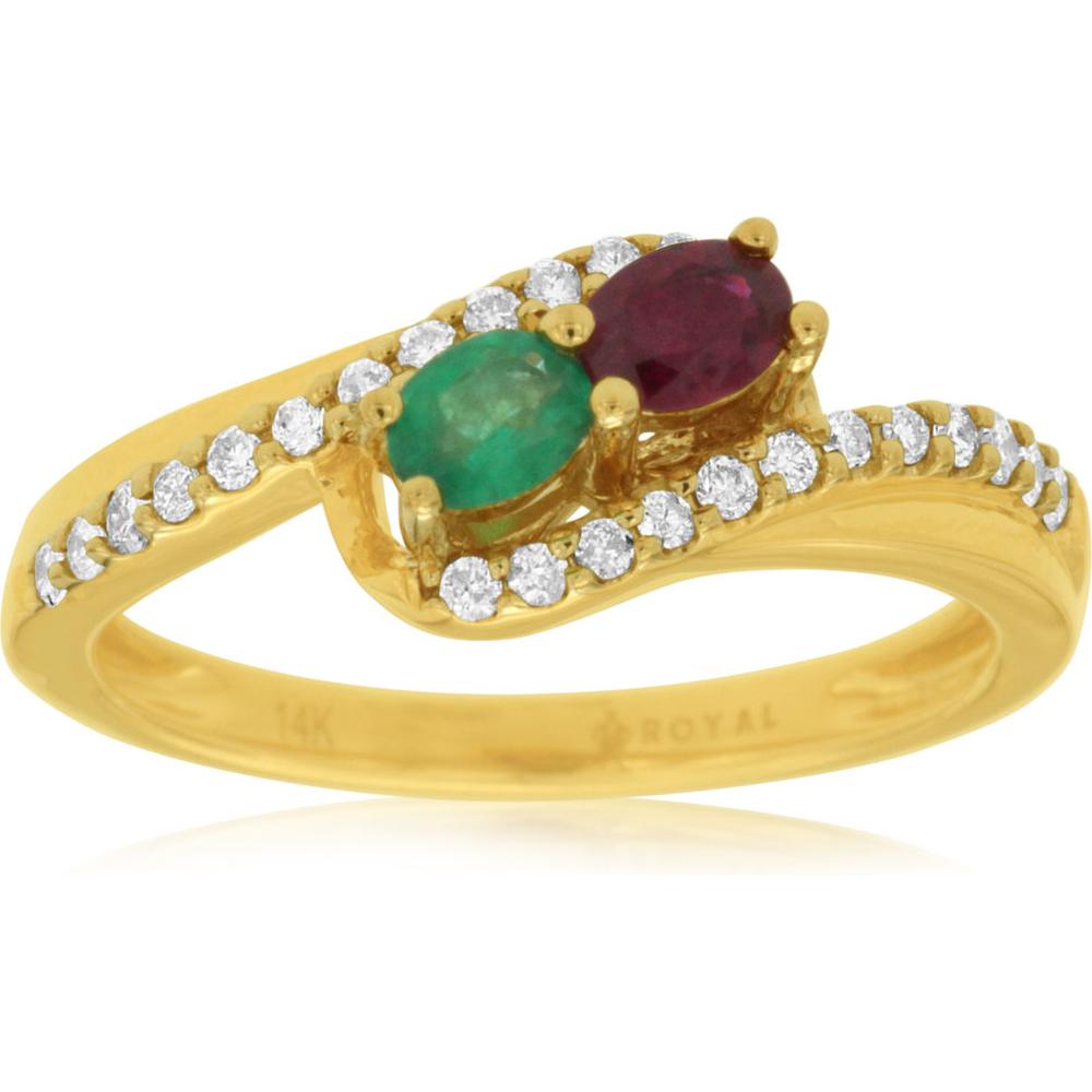 Royal 14K Yellow Gold Emerald and Ruby Ring with Diamond Accents - 0.55 Carats Total Gem Weight