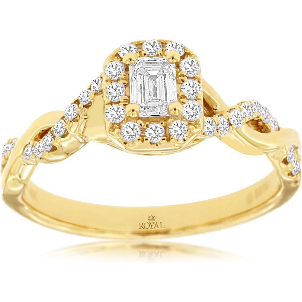 Royal 14K Yellow Gold Engagement Ring with Emerald-Cut 0.55 Carat Diamond and Twisted Halo Design