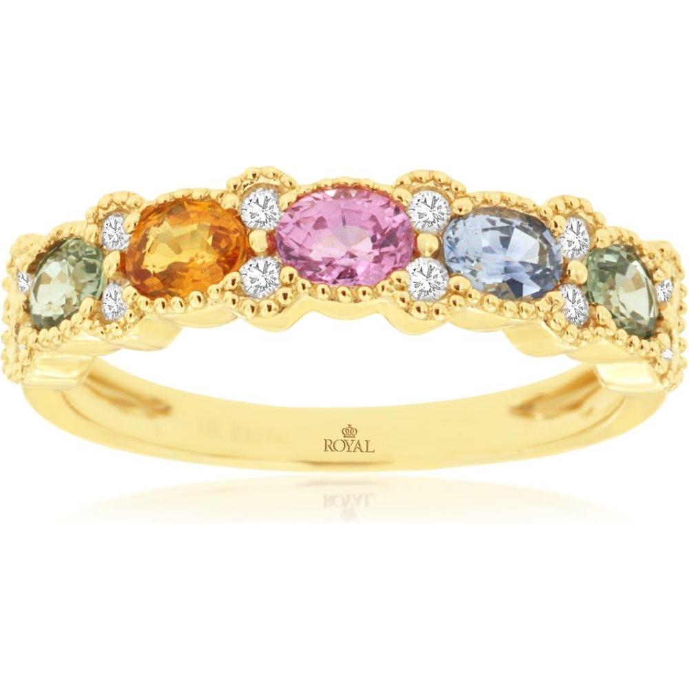 Royal 14K Yellow Gold Fancy Sapphire & Diamond Band Ring with Oval Sapphires and Diamond Accents - 1.32 Carats Total Gem Weight