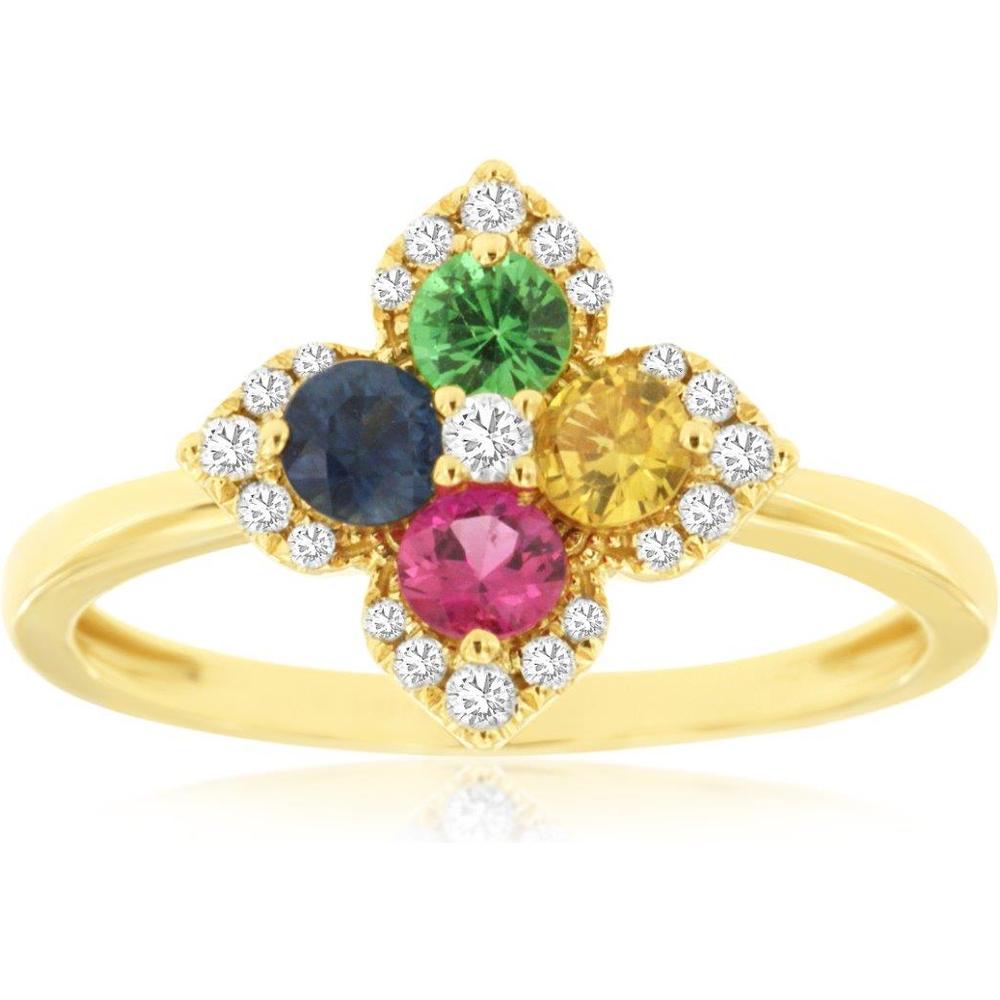 Royal 14K Yellow Gold Fancy Sapphire & Diamond Floral Halo Ring - 0.52 Carat Sapphires and 0.08 Carat Diamonds