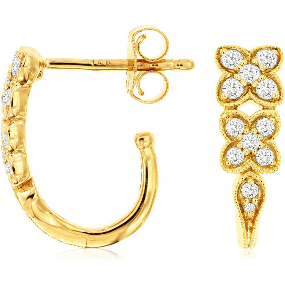 Royal 14K Yellow Gold Floral Diamond Earrings with Round Diamonds - 0.33 Carats Total Diamond Weight