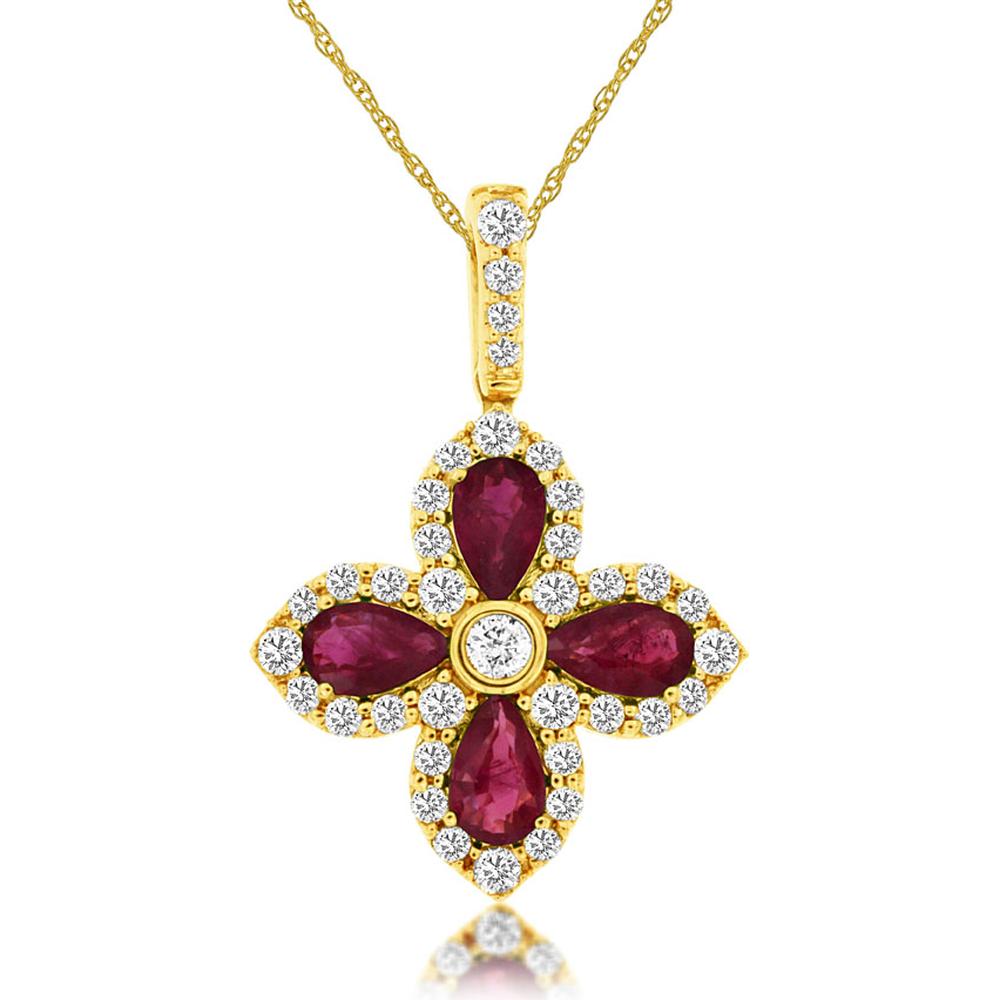 Royal 14K Yellow Gold Floral Pendant with Pear-Shaped Rubies and Round Diamonds - 1.30 Carat Total Gem Weight