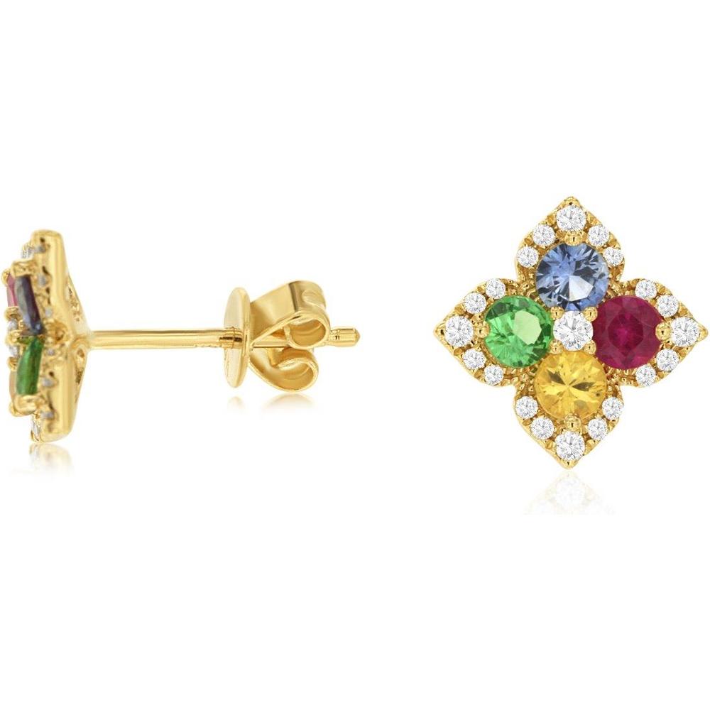 Royal 14K Yellow Gold Floral Stud Earrings with Multicolor Sapphires and Diamond Halo - 0.70 Carat Total Sapphire Weight, 0.22 Carat Total Diamond Weight