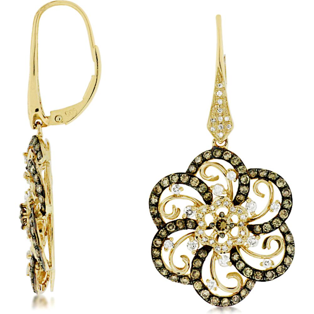 Royal 14K Yellow Gold Flower Design Earrings with Round and Mocha Diamonds - 2.02 Carats Total Diamond Weight