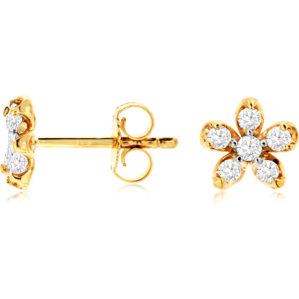 Royal 14K Yellow Gold Flower Stud Earrings with Round Diamonds - 0.25 Carat Total Diamond Weight