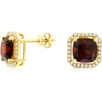 Royal 14K Yellow Gold Garnet and Diamond Halo Earrings - 3.30 Carats Garnet, 0.29 Carats Diamond Total Weight