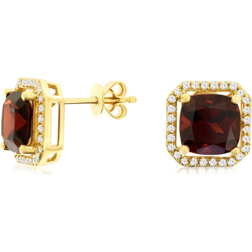Royal 14K Yellow Gold Garnet and Diamond Halo Earrings - 3.30 Carats Garnet, 0.29 Carats Diamond Total Weight