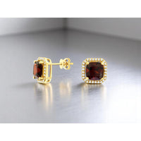 Royal 14K Yellow Gold Garnet and Diamond Halo Earrings - 3.30 Carats Garnet, 0.29 Carats Diamond Total Weight