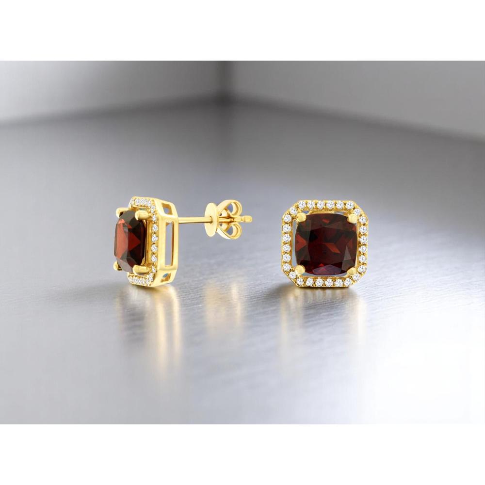 Royal 14K Yellow Gold Garnet and Diamond Halo Earrings - 3.30 Carats Garnet, 0.29 Carats Diamond Total Weight