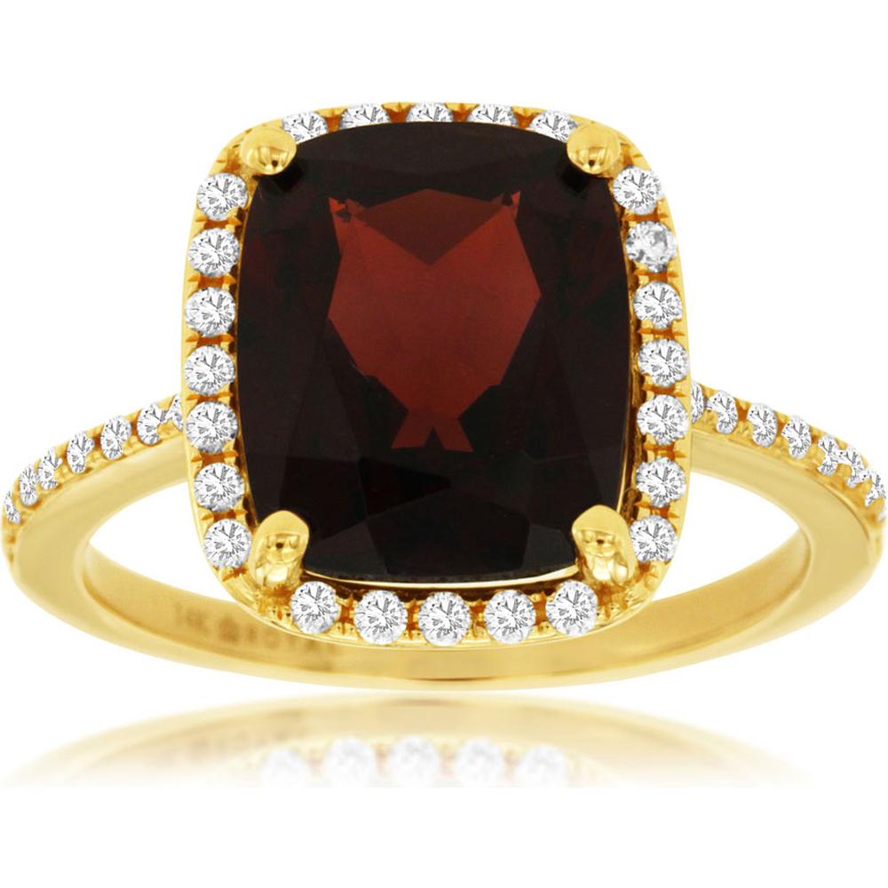 Royal 14K Yellow Gold Garnet & Diamond Halo Ring - 4.70 Carats Garnet, 0.30 Carats Total Diamond Weight