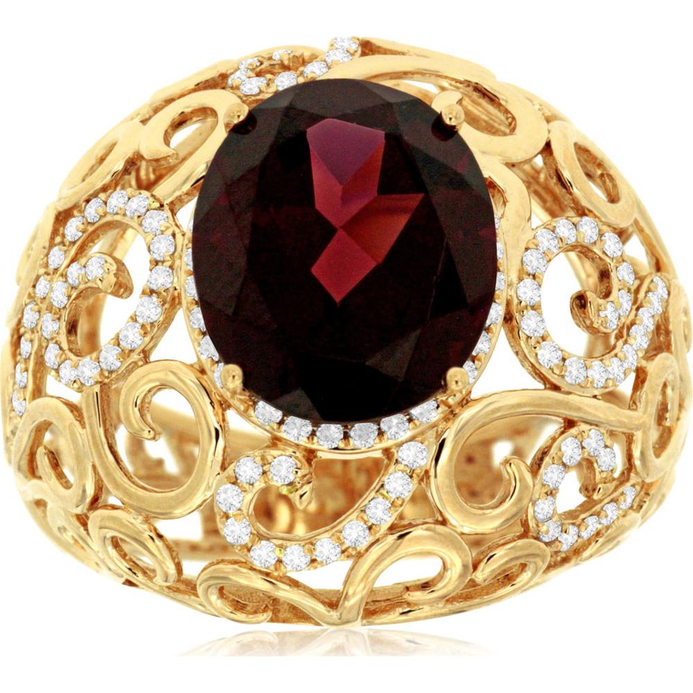 Royal 14K Yellow Gold Garnet & Diamond Swirl Ring - 5.50 Carats Oval Garnet, 0.41 Carats Total Diamond Weight