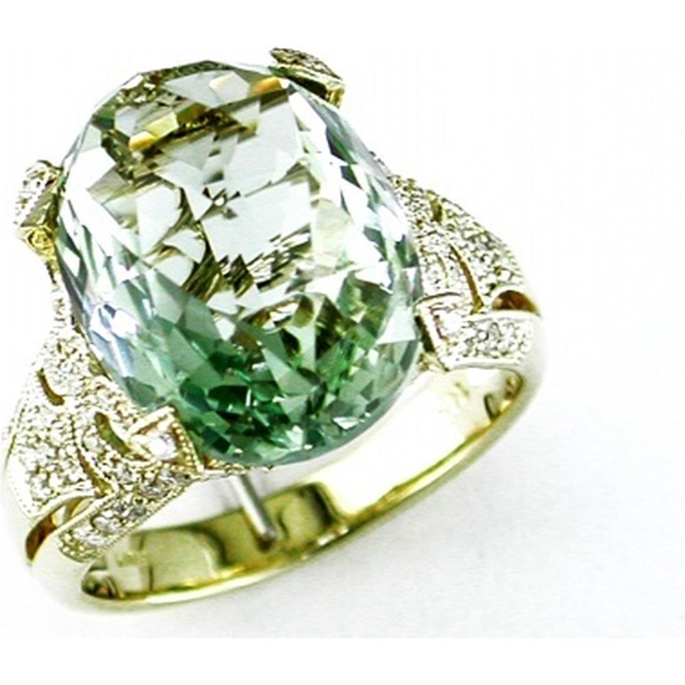 Royal 14K Yellow Gold Green Amethyst and Diamond Halo Ring - 11.55 Carat Total Gem Weight