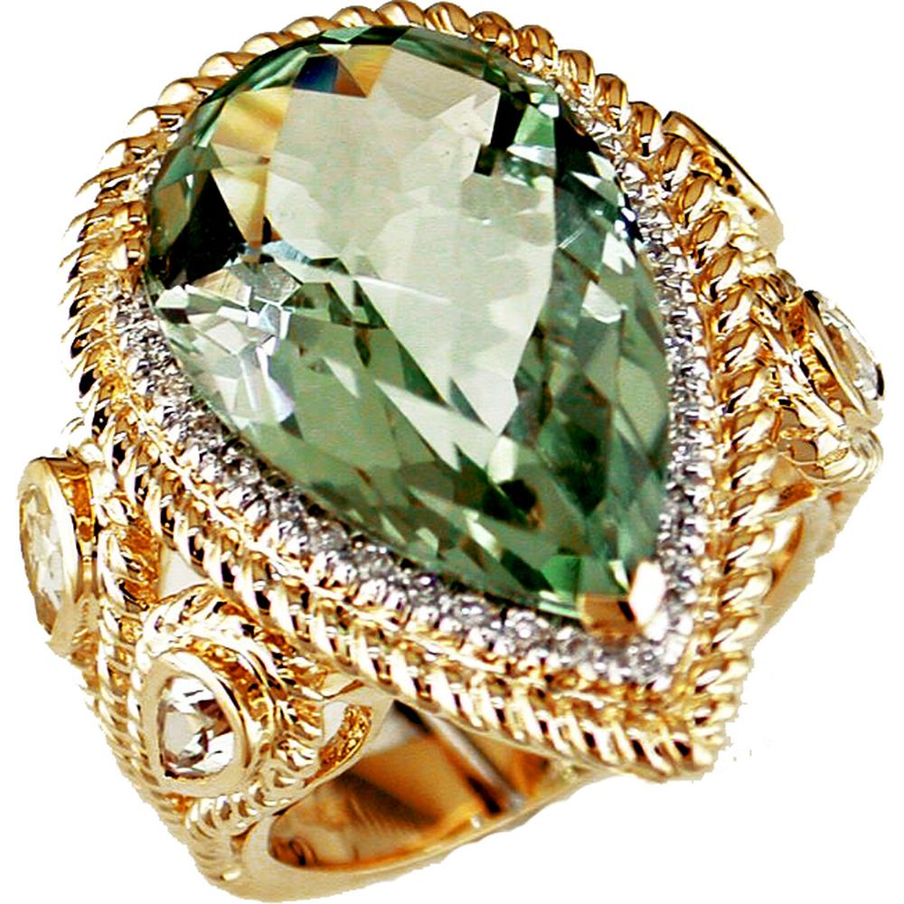 Royal 14K Yellow Gold Green Amethyst & Diamond Pear Shape Ring - 14.41 Carats Total Gem Weight