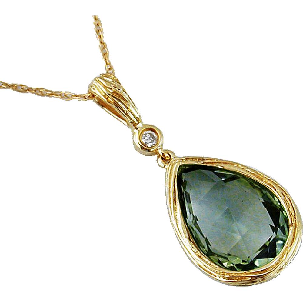 Royal 14K Yellow Gold Green Amethyst Pear Shape Pendant with Round Diamond - 4.03 Carats Total Weight