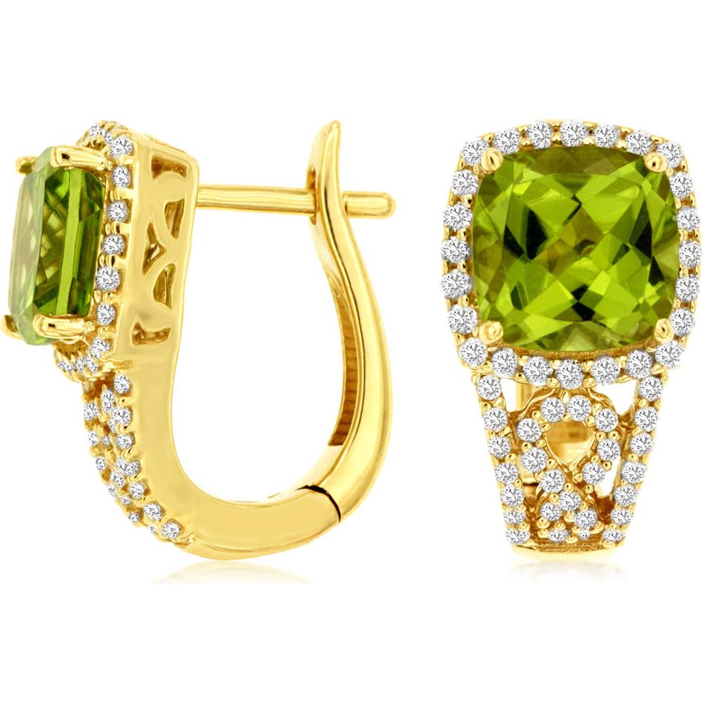 Royal 14K Yellow Gold Halo Earrings with 1.5 - Carat Peridot and 0.45 - Carat Diamond Accents