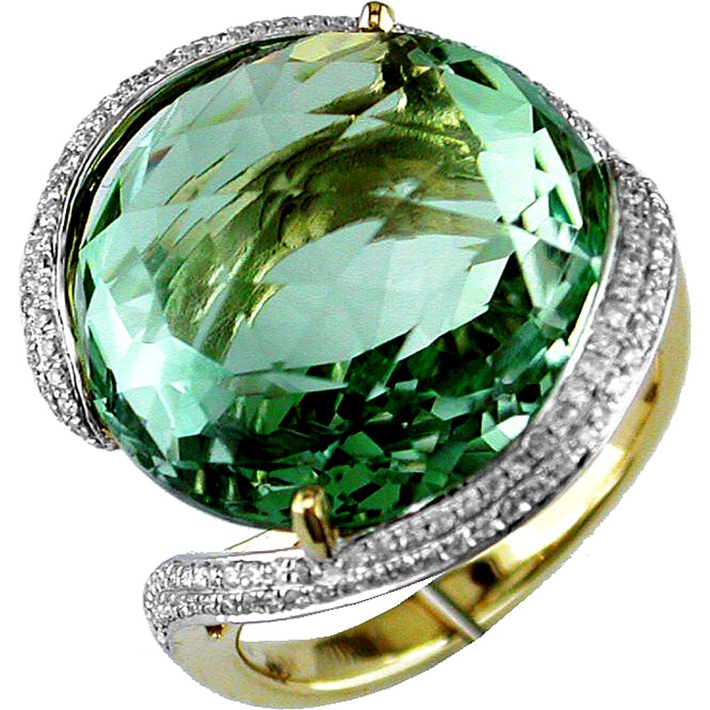 Royal 14K Yellow Gold Halo Ring with 20.00 Carats Round Green Amethyst and 0.30 Carats Round Diamonds