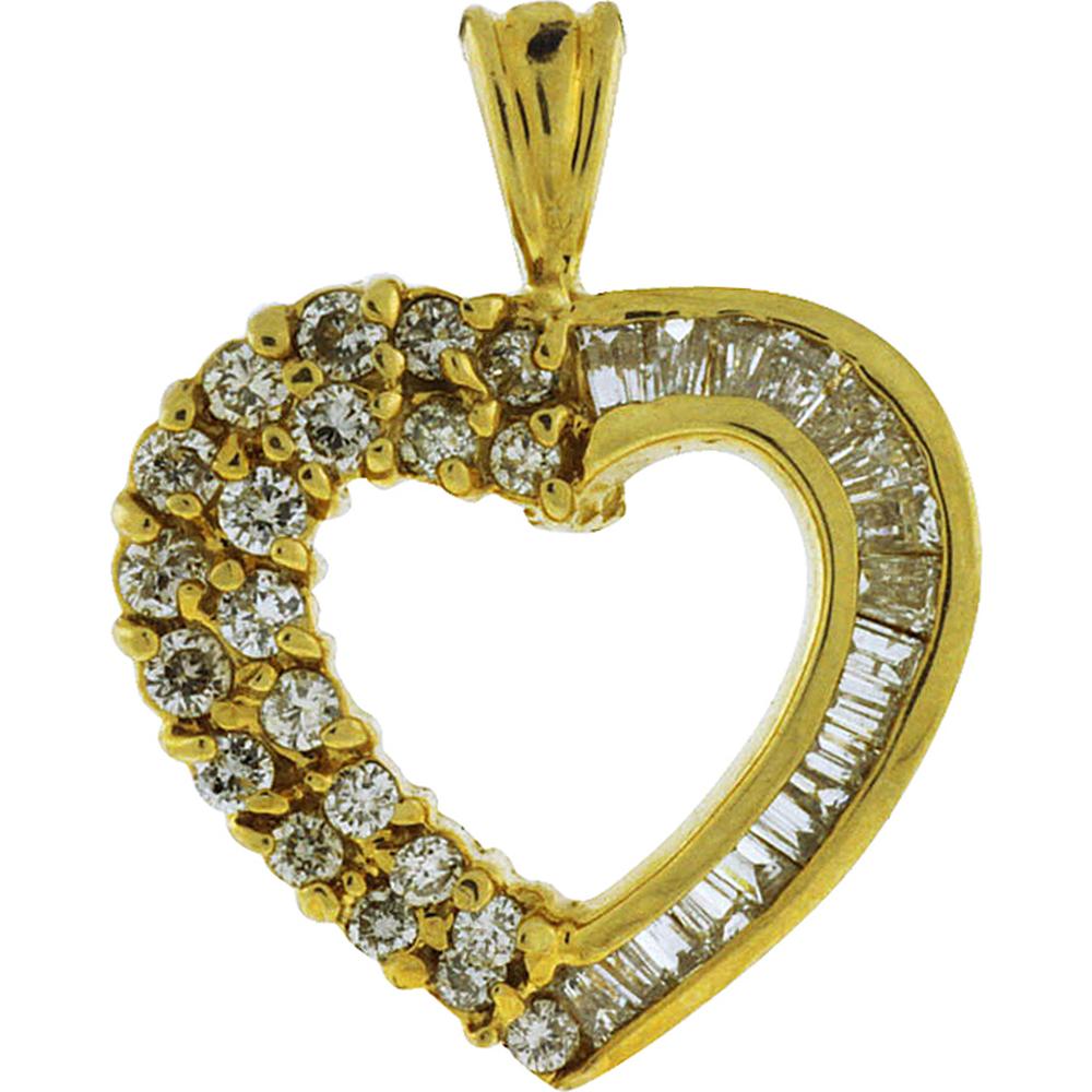 Royal 14K Yellow Gold Heart Pendant with Baguette and Round Diamonds - 1.40 Carat Total Diamond Weight