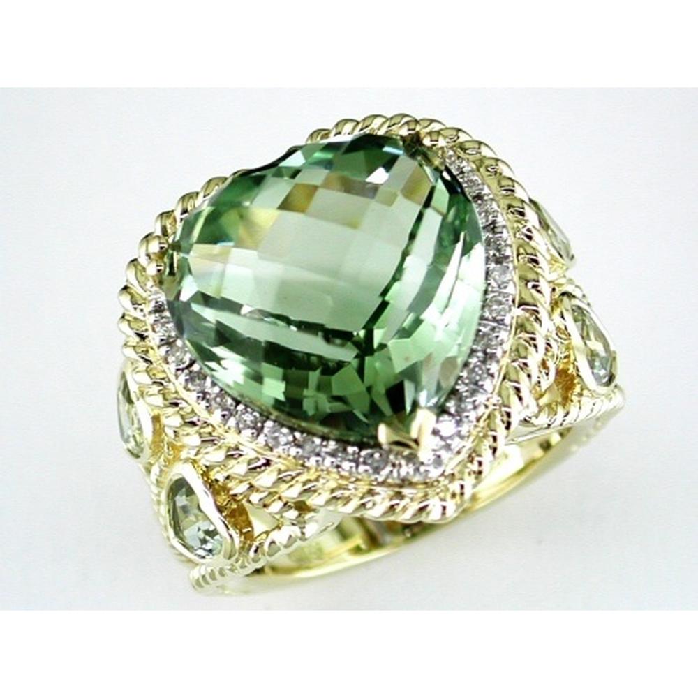 Royal 14K Yellow Gold Heart Shaped Green Amethyst Ring with Diamond Halo - 13.14 Carats Total Gem Weight