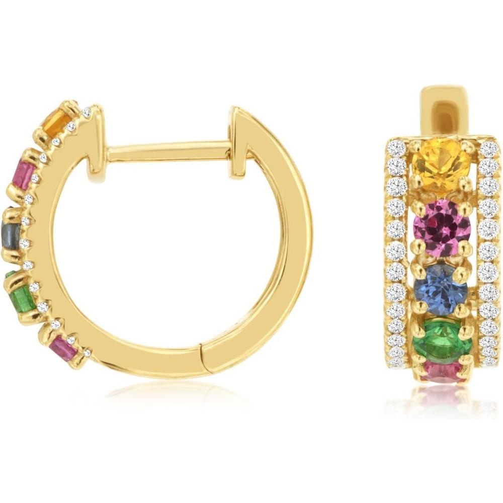 Royal 14K Yellow Gold Hoop Earrings with Prong Set Fancy Sapphires and Diamonds - 1.11 Carat Total Gem Weight