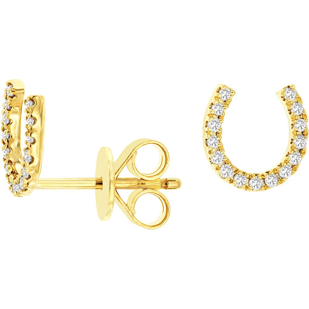 Royal 14K Yellow Gold Horseshoe Stud Earrings with Prong Set Round Diamonds - 0.15 Carat Total Diamond Weight