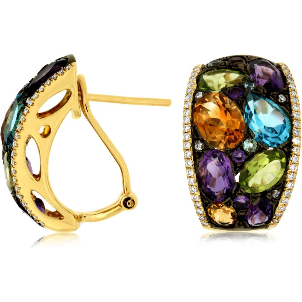 Royal 14K Yellow Gold Huggie Earrings with Diamond Accents and Multi-Color Semi-Precious Stones - 6.80 Carats Total Gemstone Weight