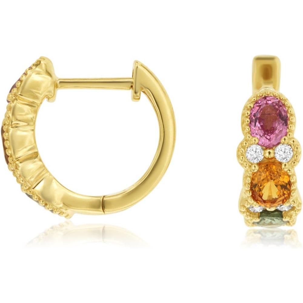 Royal 14K Yellow Gold Huggie Earrings with Fancy Sapphires and Diamonds - 1.52 Carat Total Gem Weight