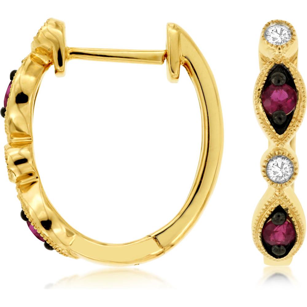 Royal 14K Yellow Gold Huggie Earrings with Round Rubies (0.18ct) and Diamonds (0.08ct) - Milgrain Detail