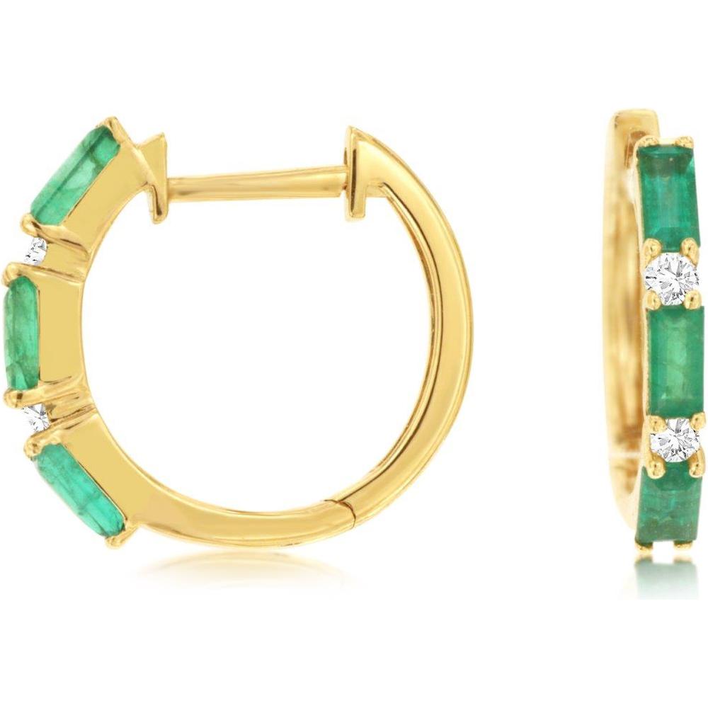 Royal 14K Yellow Gold Huggie Hoop Earrings with Emeralds - 0.75 Carat Total Emerald Weight and Diamonds - 0.10 Carat Total Diamond Weight