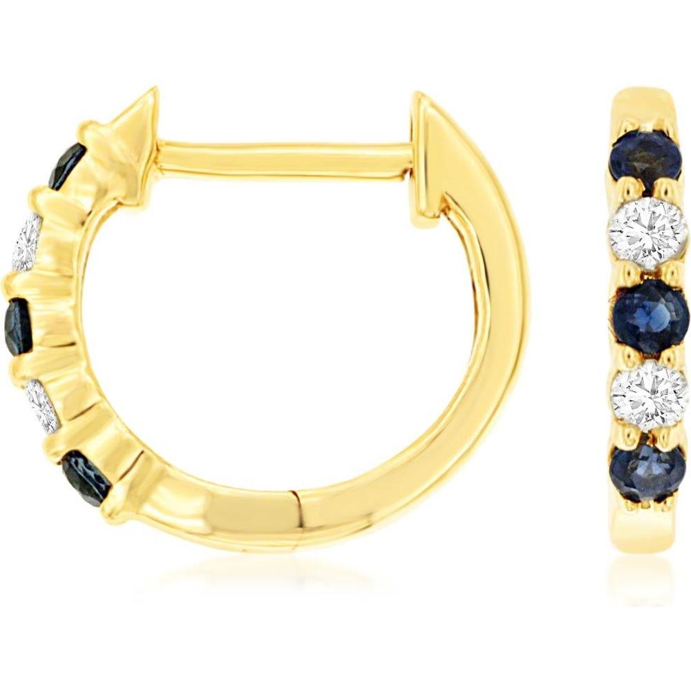 Royal 14K Yellow Gold Huggie Hoop Earrings with Prong Set Round Diamonds (0.10 Carat ) and Sapphires (0.15 Carat Total Gem Weight)