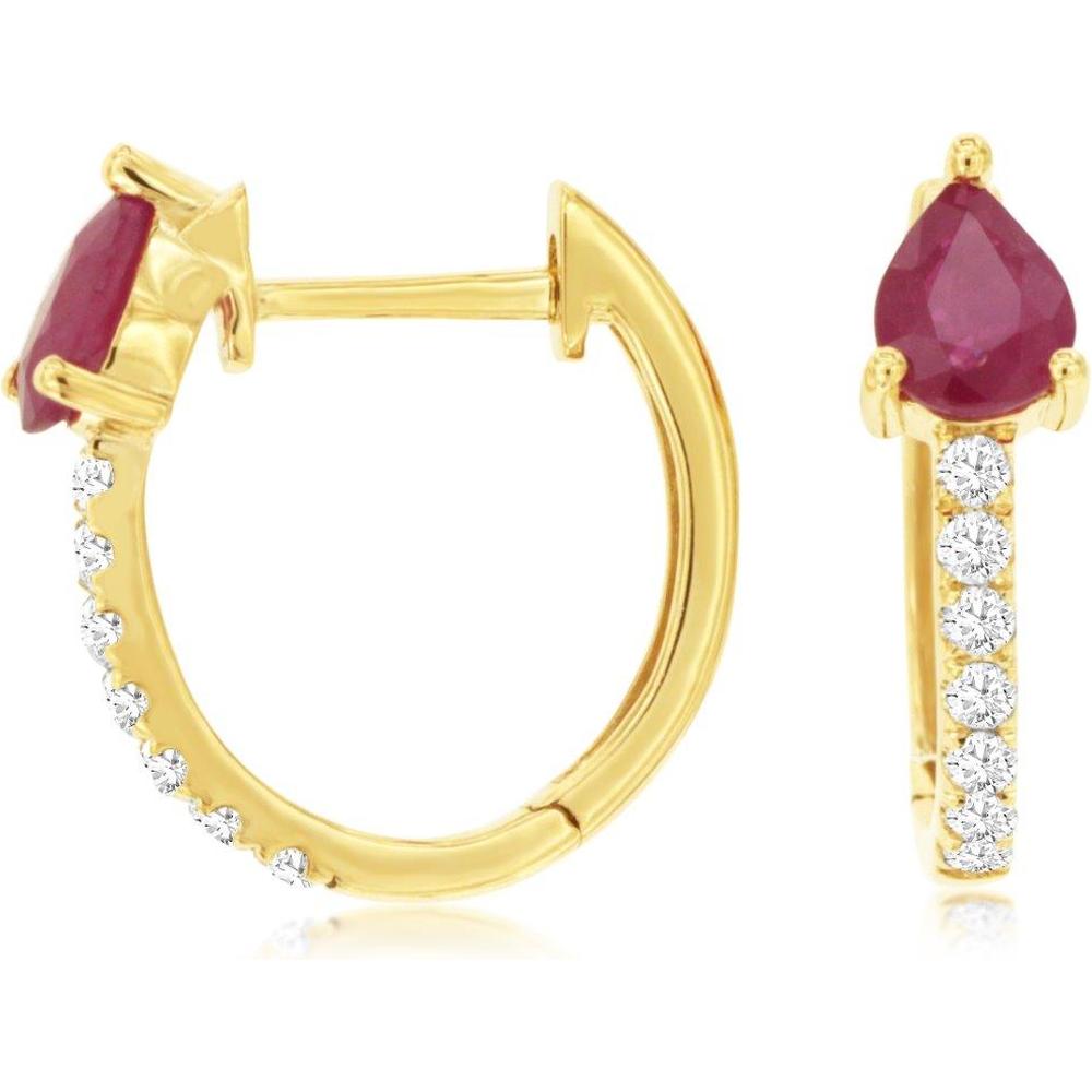 Royal 14K Yellow Gold Huggies with Pear-Shaped Ruby and Diamond Accents - 0.85 Carat Ruby and 0.17 Carat Diamond Total Weight