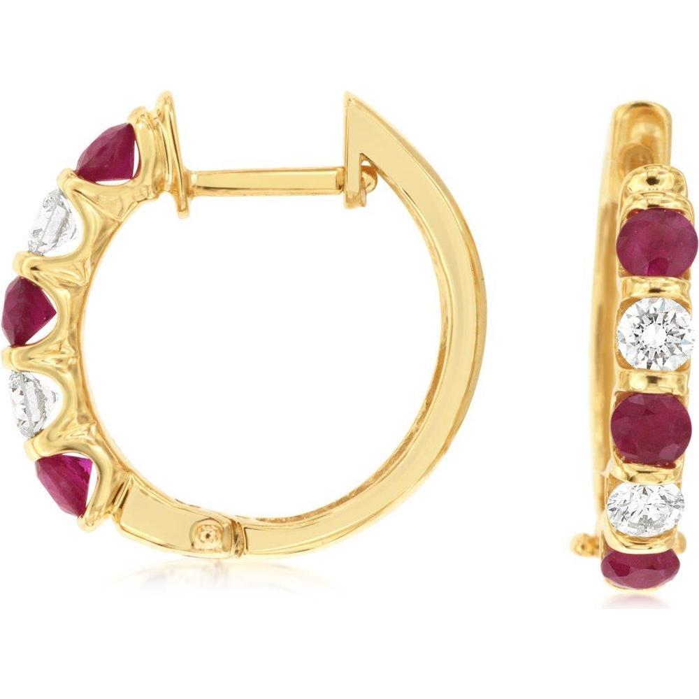Royal 14K Yellow Gold Huggies with Round Rubies and Diamonds - 0.70 Carat Ruby and 0.40 Carat Diamond Total Weight