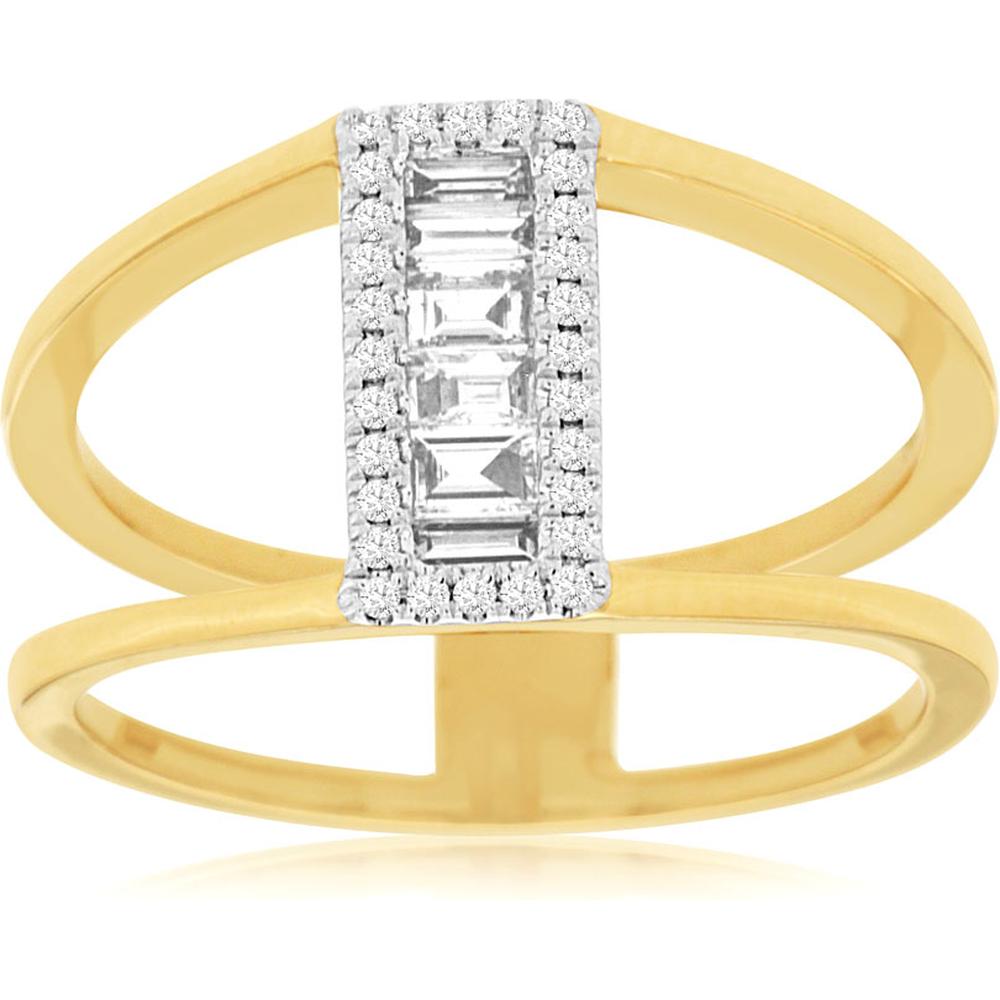 Royal 14K Yellow Gold Ladies Diamond Ring with Baguette Diamonds - 0.10 Carat Center Stone, 0.20 Carat Total Diamond Weight