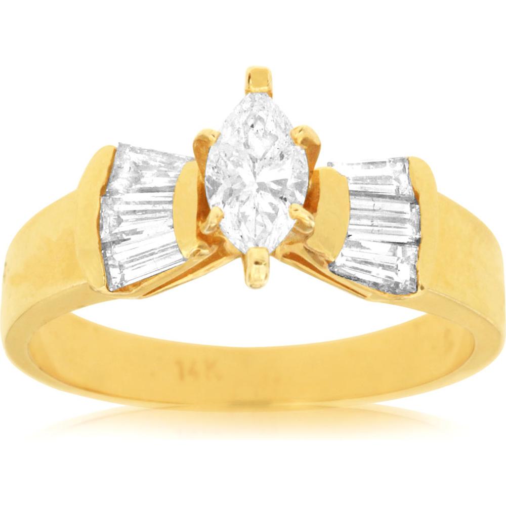 Royal 14K Yellow Gold Marquise and Baguette Diamond Engagement Ring - 1.32 Carat Total Diamond Weight