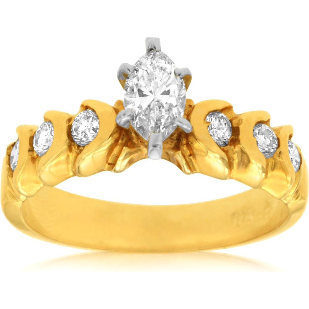 Royal 14K Yellow Gold Marquise Diamond Engagement Ring - 0.40 Carat Center, 0.32 Carat Halo